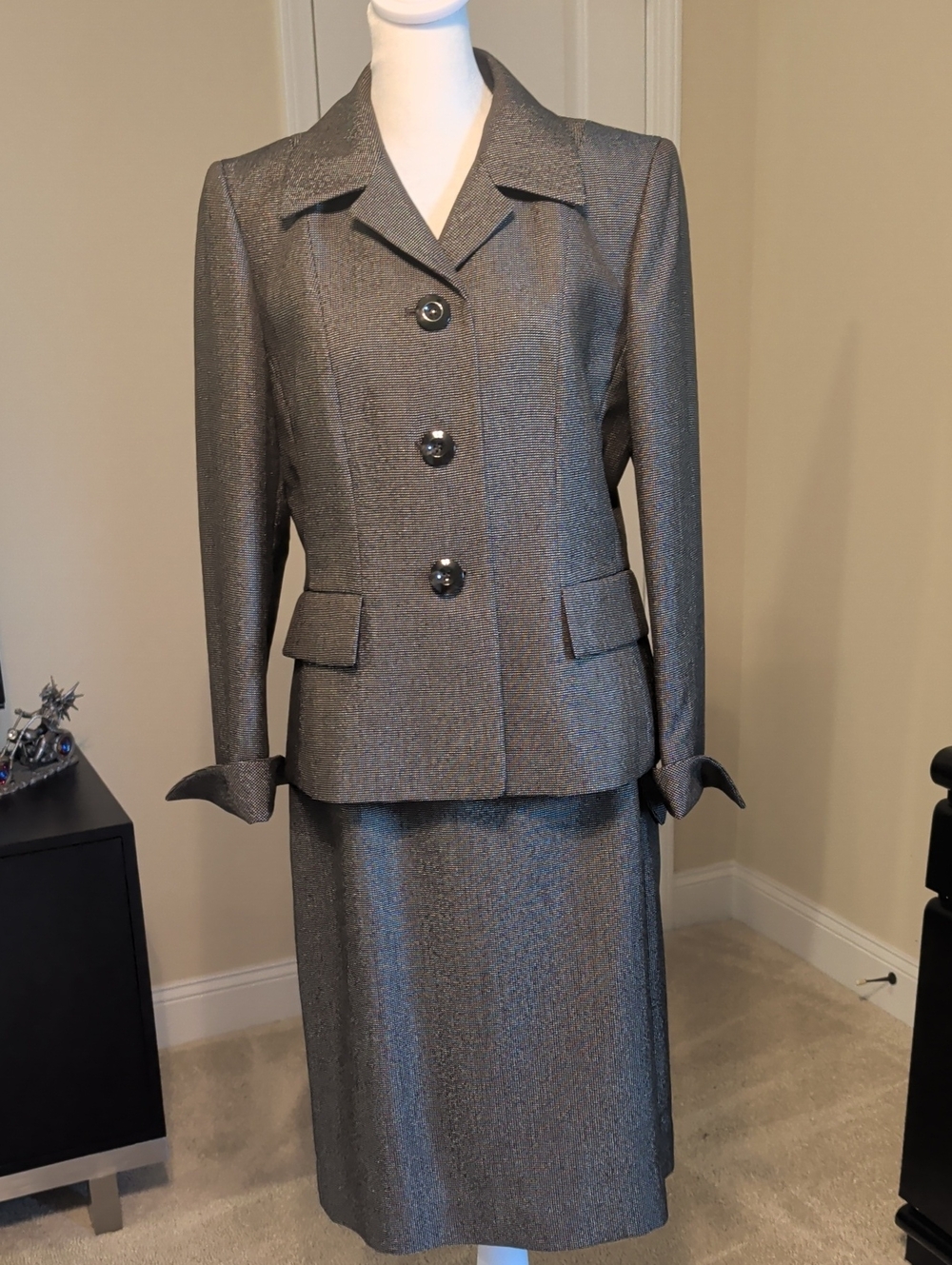 Evan Picone Black  Skirt Suit with Silver Nailhead Texture Pattern
